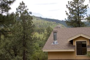 part of a residential roof after replacement with pine trees in background