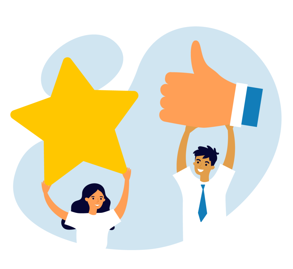 Illustration of woman holding a up a big star and a man holding up a big thumbs-up