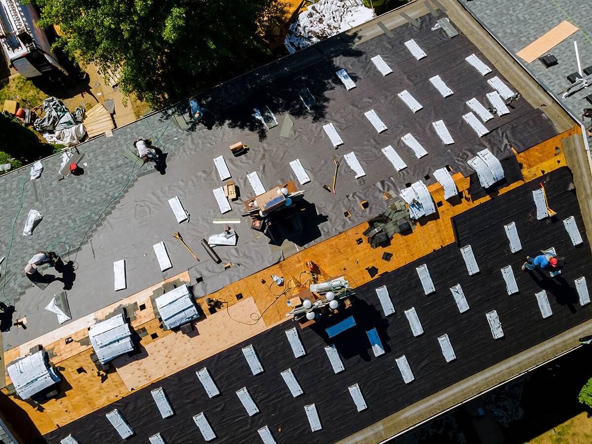 Overhead view of house having roof replaced