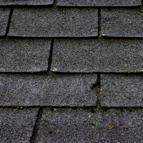 visible granule loss on a shingle roof due to wind damage